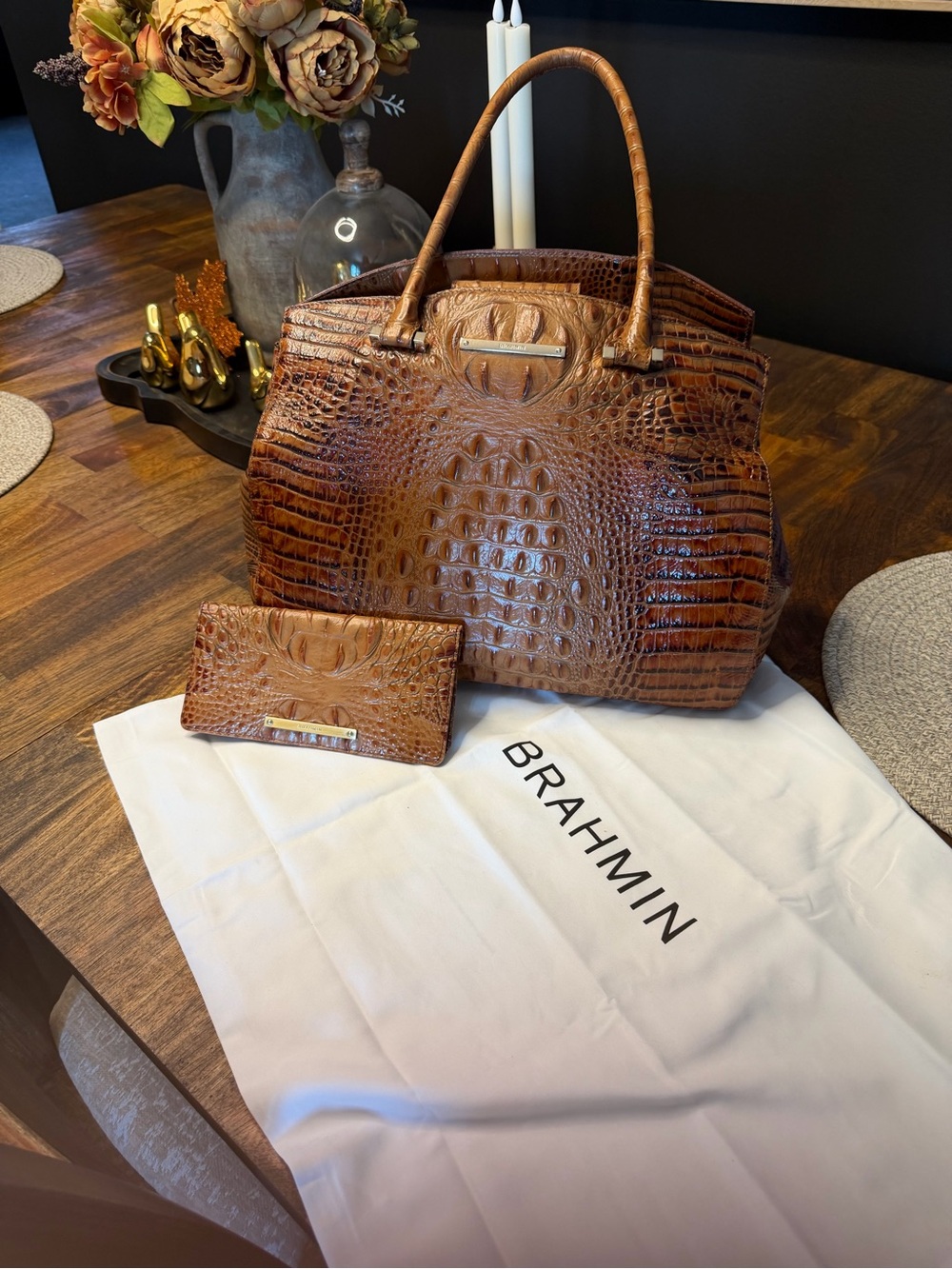 Brahmin Cognac Croc-Embossed Leather Tote with Matching Wallet